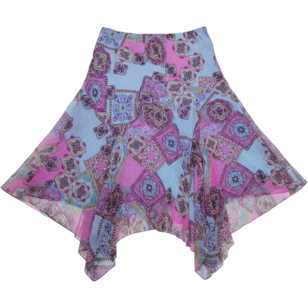 Y2K 100% Silk Pink Handkerchief Hem Paisley Floral Whimsical Fairy Skirt Medium